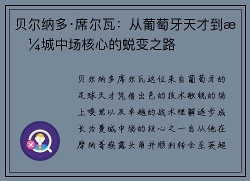 贝尔纳多·席尔瓦：从葡萄牙天才到曼城中场核心的蜕变之路