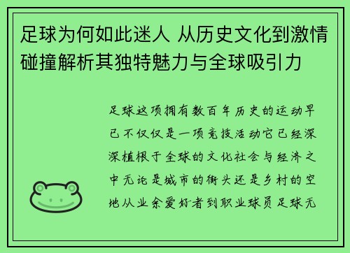 足球为何如此迷人 从历史文化到激情碰撞解析其独特魅力与全球吸引力