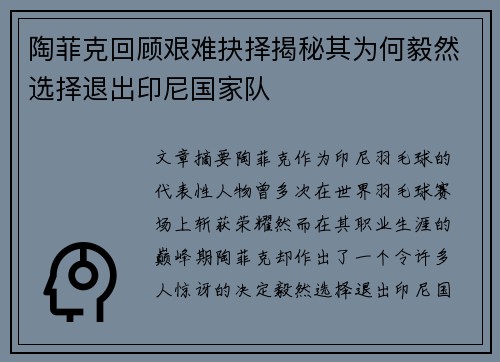 陶菲克回顾艰难抉择揭秘其为何毅然选择退出印尼国家队